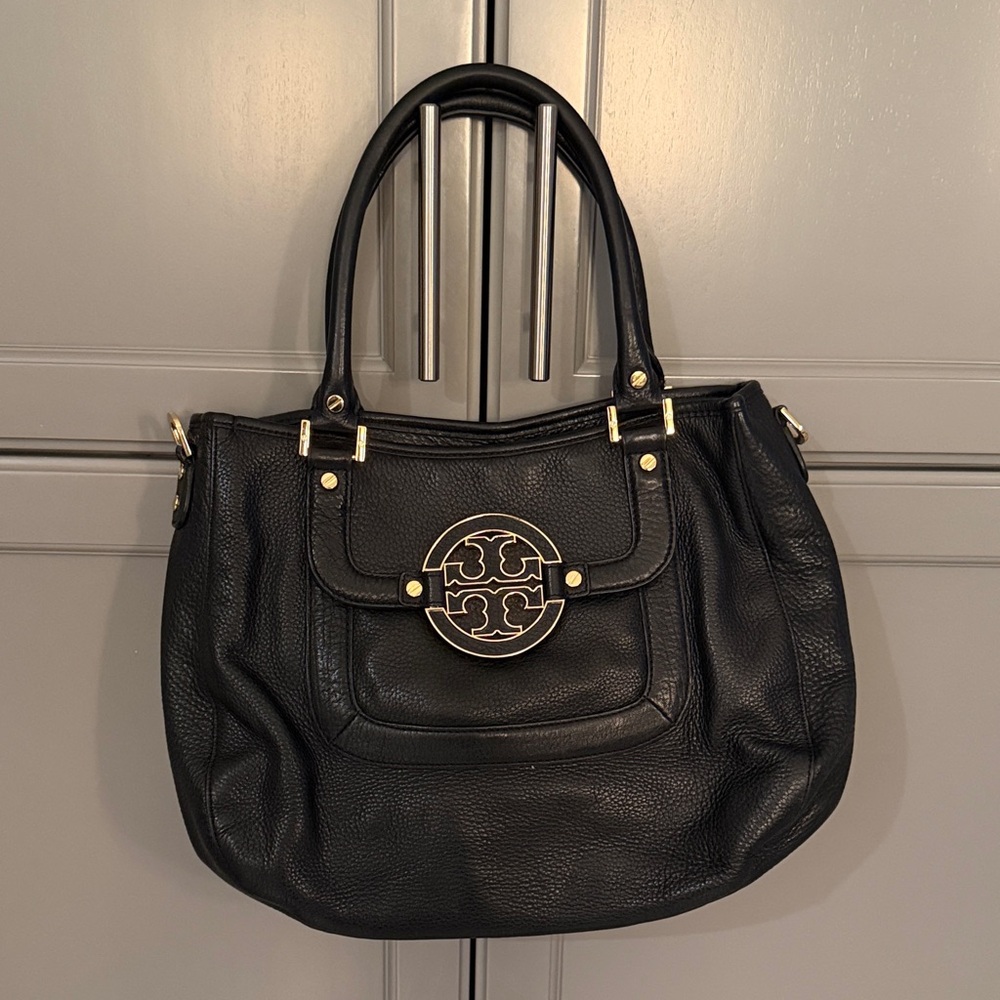 Tory Burch Black Leather Tote Bag with Gold Logo Accent